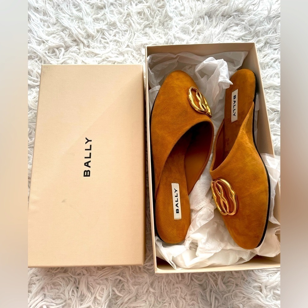 Bally women Gylon logo-plaque goat suede camel slippers slides NWT
